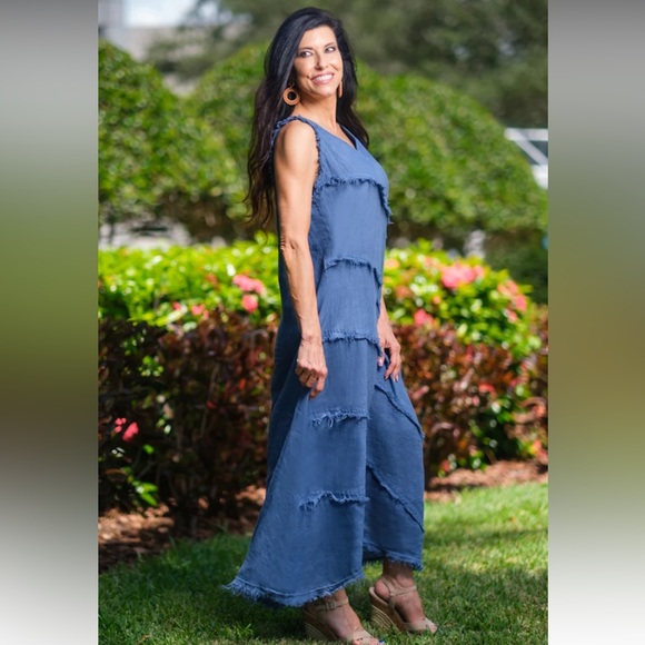 Pure Linen Italian blue Diagonal Raw Edge Linen Dress - Picture 2 of 9